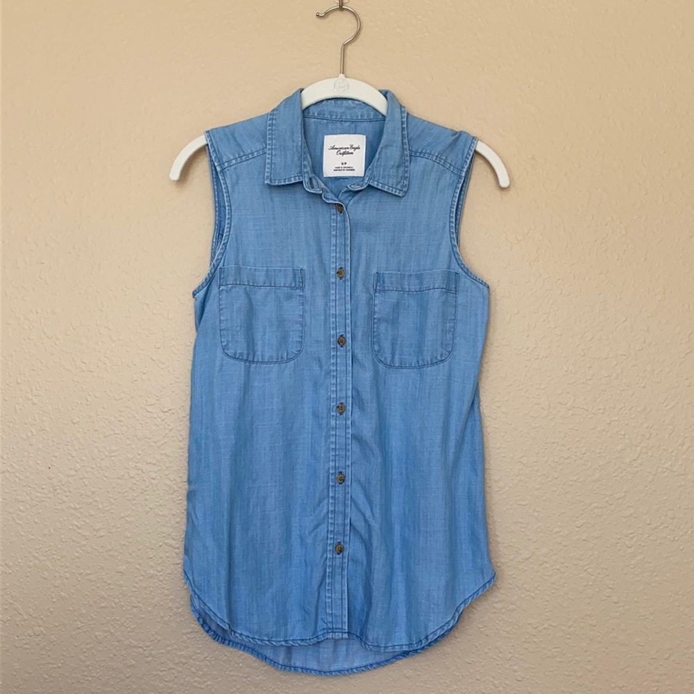 Soft Denim Sleeveless Button Down Blouse